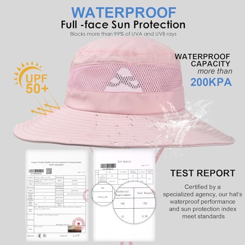 Bucket Sun Hat for Women Wide Brim Breathable Mesh UPF50+ Safari Hat Criss Cross Ponytail Hole Outdoor Rain Hat - color: Pink