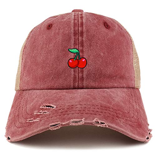 Trendy Apparel Shop Cherry Patch Pigment Dyed Mesh Back Frayed Bill Trucker Cap - color: Wine