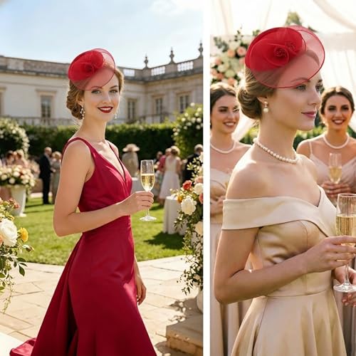 DRESHOW Fascinator Hats for Women Cocktail Tea Party Hat Netted Pillbox Hat Vintage Derby Hats for Bridal Wedding - color: Pillbox Hat: Red