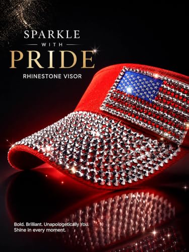 Women Shiny Rhinestone Bling Sun Visor Adjustable Tennis Beach Ponytail Hat - color: Red-usaflag