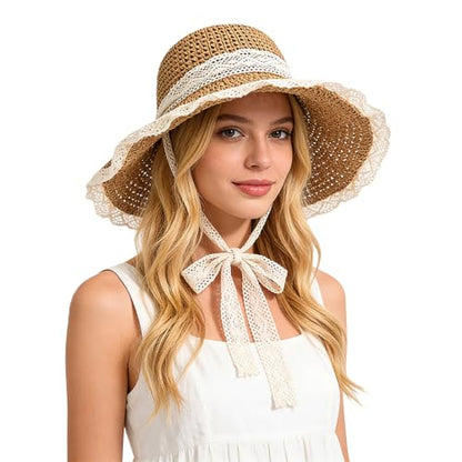 Women Wide Brim Straw Sun Hat Floppy Beach Cap UV Protection Crochet Bucket Hat Packable Summer Travel Hat with Lace Brim - color: Khaki