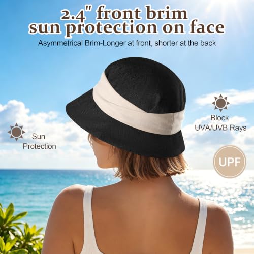 Babalet Women Faux Linen Blend Beach Bucket Hat Lightweight Fisherman Hat - color: Solid Black / White Band