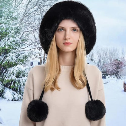 Womens Faux Fur Hat with Fluffy Pompom for Winter Fuzzy Knitted Beanies Skull Cap Warm Earflaps Cold Weather Cute - color: Black
