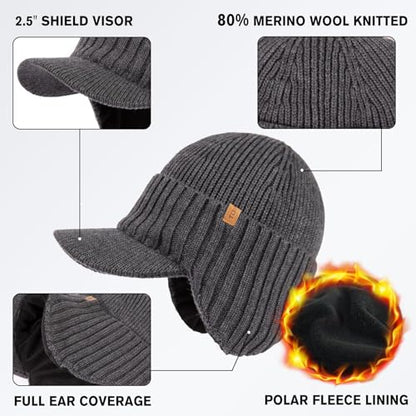 TOP-EX DryKnit™ 80% Merino Wool Waterproof Warm Brim Beanie with Ear Flaps - color: Gray, size: Medium-Large