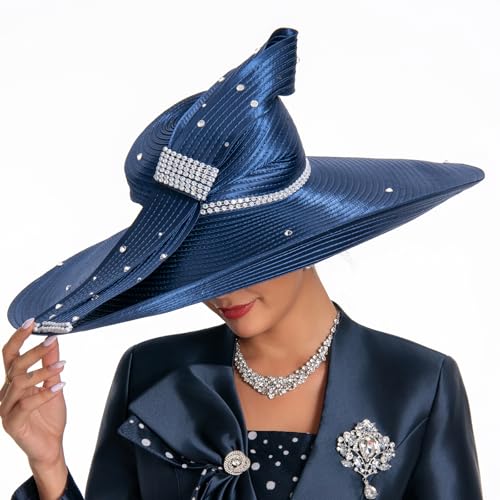 Women's Dramatic Giant Wide Brim Rhinestone Church Hat Statement Turban Fascinator for Wedding Chapel Baptist Sunday - color: 16-blue