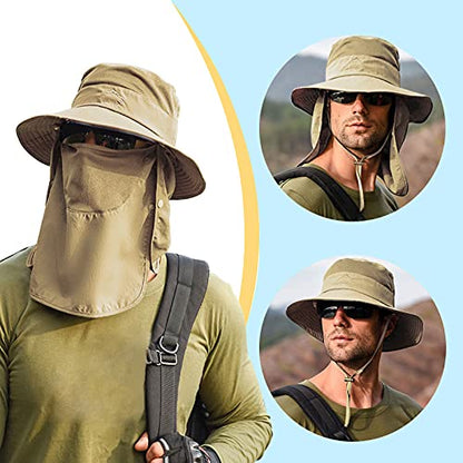 Fishing Hat for Men & Women, Sun Protection Hat with Face Cover & Neck Flap - color: Khaki