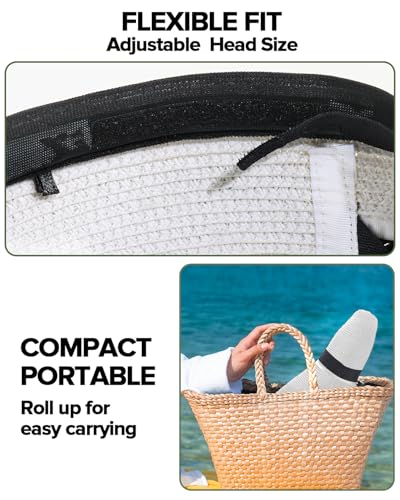 Sun Beach Hats for Women with Ponytail Hole, Floppy Wide Brim Beach Hat, Straw Summer Packable Sunhat Foldable Sun Protection - color: White, size: Large