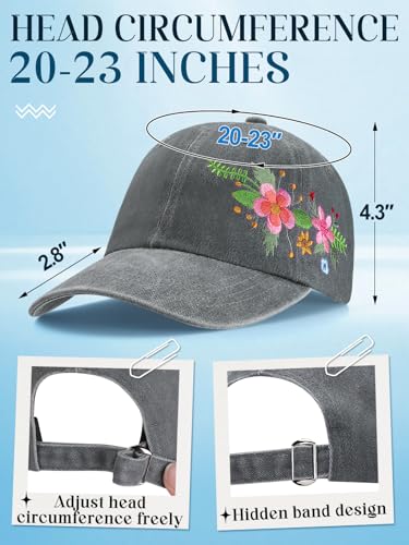 Trendy Handmade Embroidered Baseball Cap for Girls Women, Vintage Wash - style: Floral(gray)