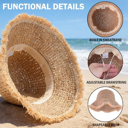 Women's Straw Bucket Sun Hat, Packable Floppy Wide Brim Beach Hat - color: Khaki