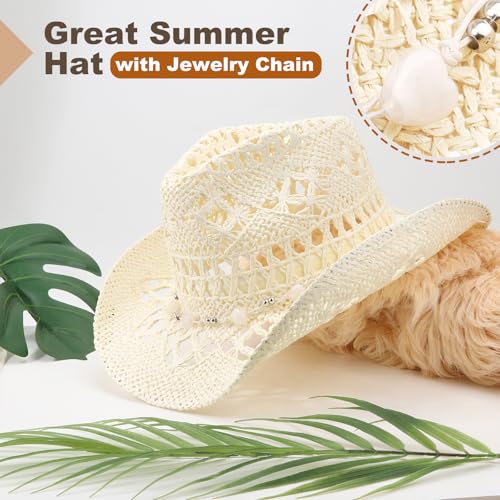 AQOKKA Straw Cowboy Hats for Women Men Western Cowgirl Hats with Shapeable Brim Woven Hollow Out Unisex Beach Roll Up Caps - color: Cowboy Hat : Milky White
