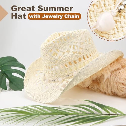 AQOKKA Straw Cowboy Hats for Women Men Western Cowgirl Hats with Shapeable Brim Woven Hollow Out Unisex Beach Roll Up Caps - color: Cowboy Hat : Milky White