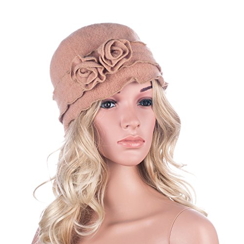 Womens Gatsby 1920s Winter Wool Cap Beret Beanie Crochet Bucket Flower Hat A285 - color: Camel