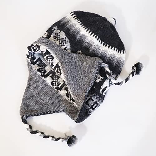 Alpaca Wool Blend Winter Hat Chullo Inca Peruvian Design Reversible with Earflaps. Beanie Medium Size. Unisex - color: Black/Dark Gray