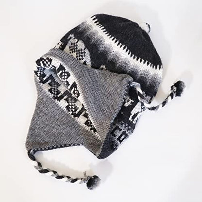 Alpaca Wool Blend Winter Hat Chullo Inca Peruvian Design Reversible with Earflaps. Beanie Medium Size. Unisex - color: Black/Dark Gray