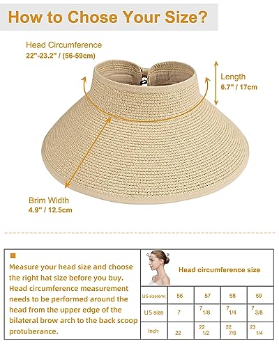 MAYLISACC Foldable Straw Sun Visors for Women, Sun Protecetion Wide Brim Sun Hats Adjustable Topless Beach Hat - color: Khaki
