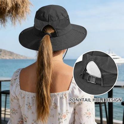 Rosoz Ponytail Sun Bucket Hats for Women UV Protection Foldable Wide Brim - color: 1 Pack-black