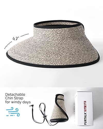 FURTALK Womens Sun Hat with Ponytail Hole Wide Brim Beach Straw Visor - color: Mix Khaki With Black