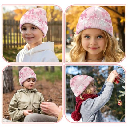 Kids Beanie Knit Hat Winter Unisex Cuffed Beanies Skull Cap Warm Double Layer Thick Acrylic Cute for Girls Boys - color: Pink Bowknot