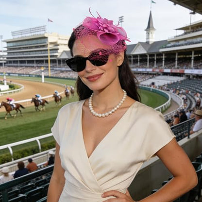 Semato Fascinators Hats for Women Mesh Feathers ElegantHot Pink Tea Party Kentucky Hat Derby Headband with Hair Clip - color: Hot Pink
