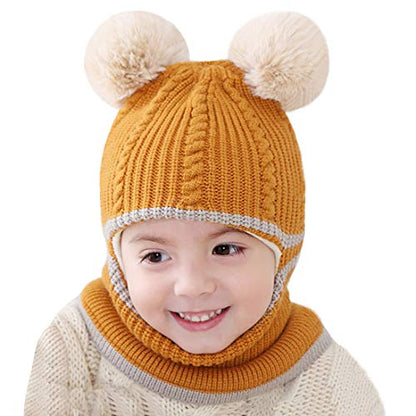 Toddler Winter Hat Baby Balaclava 2 in 1,Fleece Lined Knitted Beanie with Face Mask, Ear Flaps & Pom Pom for Boys Girls - color: Bear-yellow