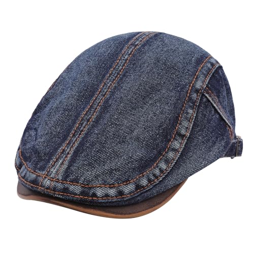 ZLYC Men Cotton Flat Cap Summer Scally Newsboy Beret Driver Hat - color: Denim Navy