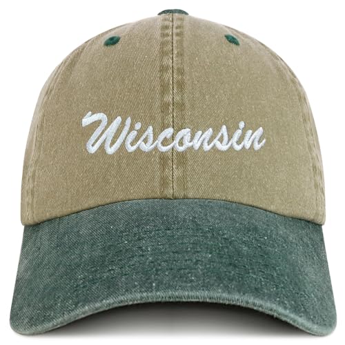 Trendy Apparel Shop Wisconsin State Embroidered Low Profile Adjustable Cotton Cap - color: Khaki Dark Green