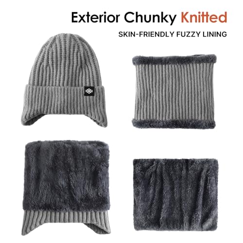 Trifabricy Winter Knit Hat Scarf Set, Fleece Lined Beanie and Neck Warmer - color: Grey