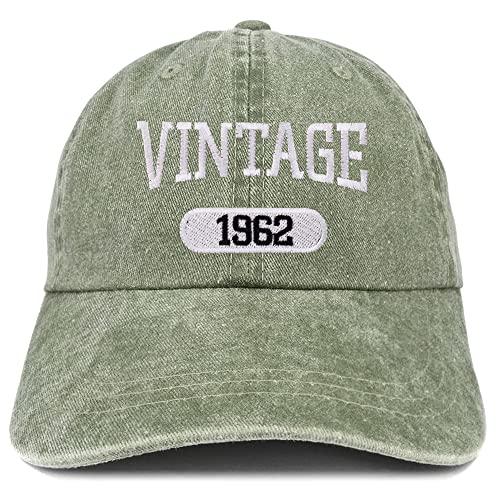 Trendy Apparel Shop Vintage 1962 Embroidered 63rd Birthday Soft Crown Washed Cotton Cap - color: Olive