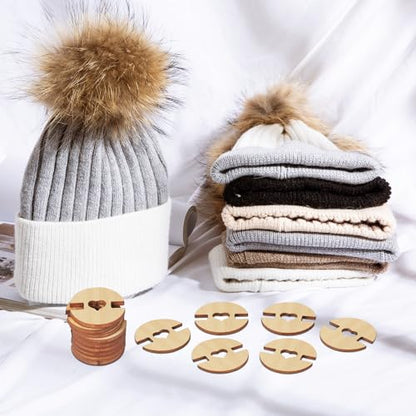 60pcs Pom Poms Buttons for Hats, Wooden Handmade Buttons Removable Love Button Crafts Faux Fur Pom Pom Fastener Holder Sewing Clothing Accessories for Beanies, Knitting, Crochet - style: Circular heart-shaped design
