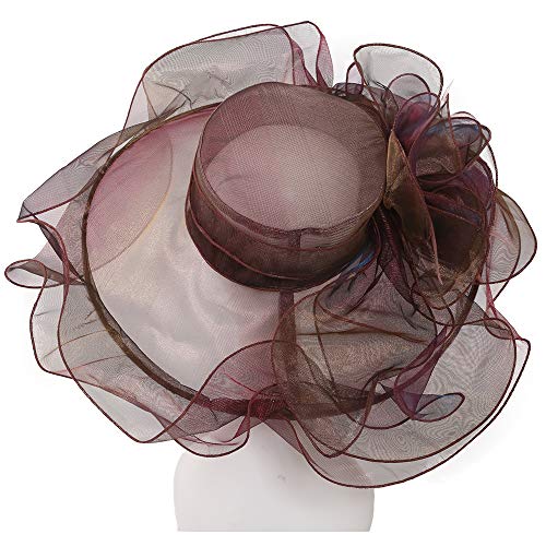 Women Oganza Sun Hat Church Wide Brim Wedding Formal Fascinator Hat - color: Reddish Brown