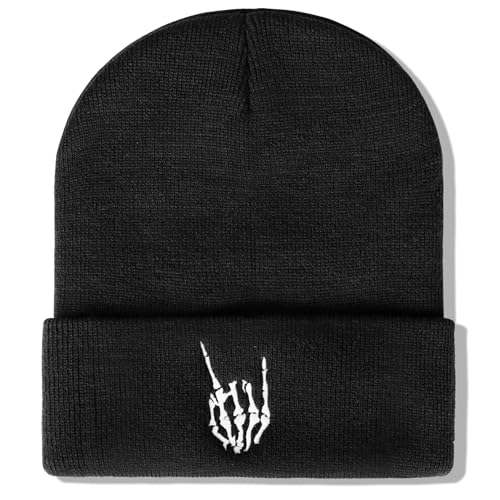 Gothic Skull Beanie Hats for Men Women, Skeleton Cuffed Winter Hat for Goth Gifts, Indoor and Outdoor Outfit Matching - color: 01.black/Skeleton