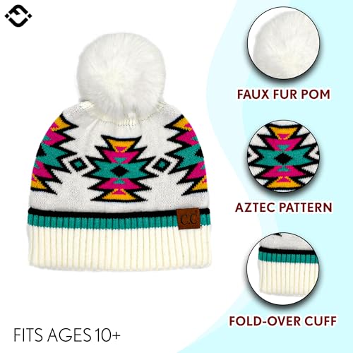 Funky Junque Women’s Pom Pom Beanie – Soft Knit Winter Hats for Women & Teens, Warm Fashionable Beanie with Faux Fur Poms - color: Ivory - Southwest Pattern