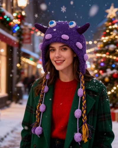 MINGSEECESS Women Girls Knitted Beanie Hat Crochet Braided Knit Warmer Cap Skiing Snowboarding Ear Flap Hats - color: Novelty-purple