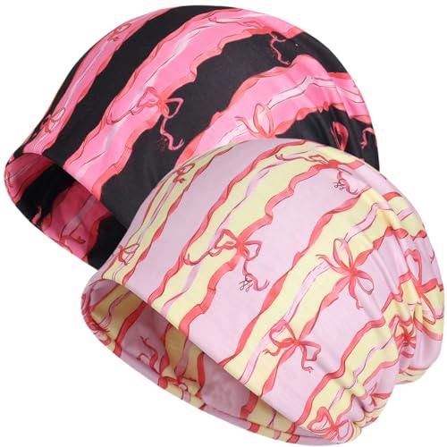 Jemis Sweet Heartwarming Breast Cancer Beanie Hat, Romantic Knitted Hat, Cancer Headwear Caps Baggy Skull Sleep Scarf - color: 2 Pack Pink Black & Yellow