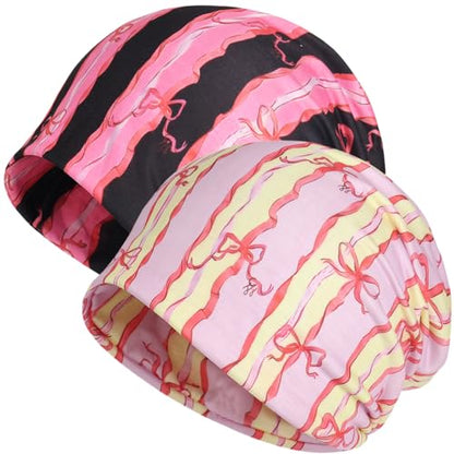 Jemis Sweet Heartwarming Breast Cancer Beanie Hat, Romantic Knitted Hat, Cancer Headwear Caps Baggy Skull Sleep Scarf - color: 2 Pack Pink Black & Yellow