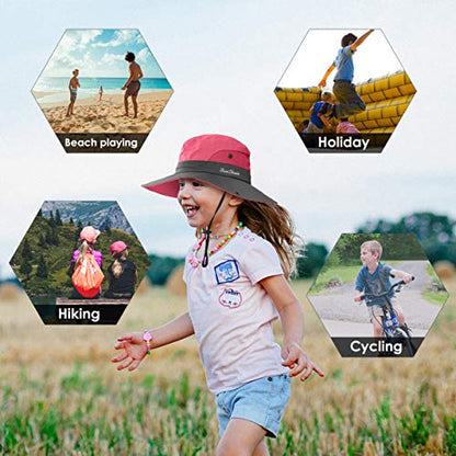 IYEBRAO Kids UV Sun Hat with Ponytail Hole UPF 50 Bucket Cap for Girls Summer Beach ＆ Fishing - color: Watermelon Red
