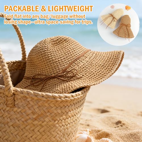Women's Straw Bucket Sun Hat, Packable Floppy Wide Brim Beach Hat - color: Khaki a