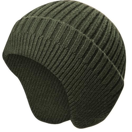Winter Beanie for Men Women with Earflap, Fleece Lined Beanie Soft Warm Knit Hat Ski Stocking Cuffed Cap - color: Army Green
