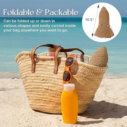 Beach Sun Hats for Women, Wide Brim Straw Hat, UPF 50+ UV Protection - color: Khaki-shell
