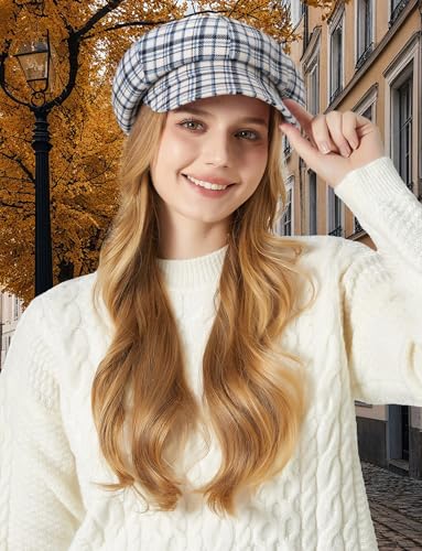 FEOYA Women Newsboy Hat Plaid Cabbie Caps Cotton Casual Stylish Beret Cap Paperboy Hats - color: Plaid-white