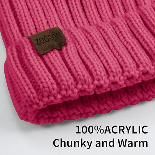 ZOORON Womens Winter Knitted Beanie Hat with Faux Fur Pom Beanie Warm Knit Skull Cap Beanie for Women - color: 1rose Red