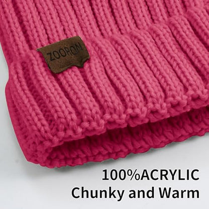 ZOORON Womens Winter Knitted Beanie Hat with Faux Fur Pom Beanie Warm Knit Skull Cap Beanie for Women - color: 1rose Red
