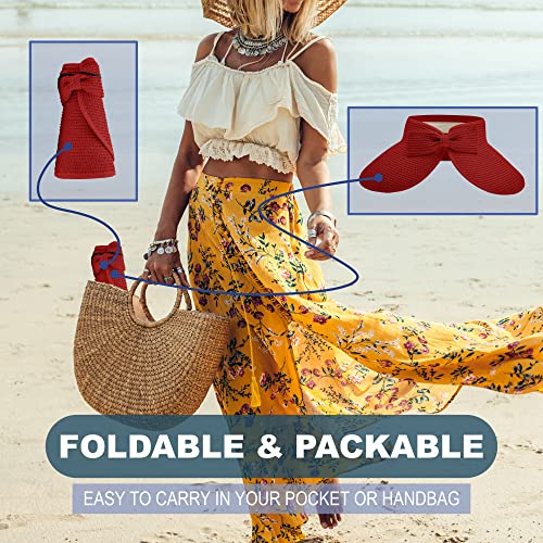 Straw Sun Visor for Women, Wide Brim UPF 50+ Protection Beach Hat, Adjustable, Roll Up Foldable Ponytail Cap with Chin Strap - color: Red
