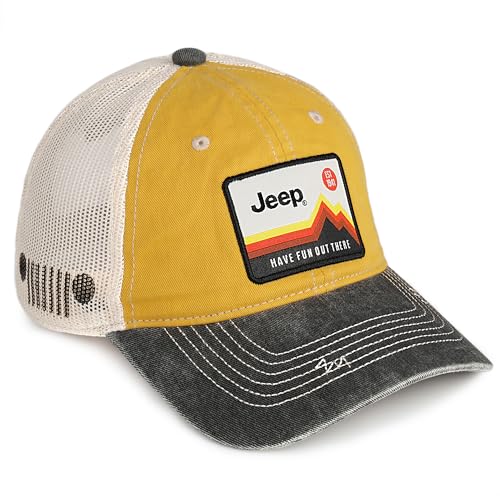 Jeep Have Fun Out There Patch Garment Washed Trucker Hat Unstructured for Men & Women - Adjustable Snapback Baseball Cap - color: Yellow