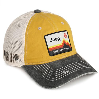 Jeep Have Fun Out There Patch Garment Washed Trucker Hat Unstructured for Men & Women - Adjustable Snapback Baseball Cap - color: Yellow