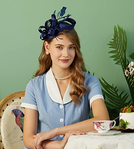 Kentucky Derby Fascinators for Women High Tea Party Hat Wedding Cocktail Flower Headware with Mesh and Feathers - color: Y-navy