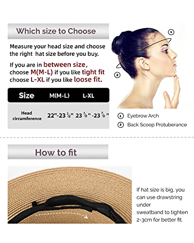 FURTALK Womens Mens Wide Brim Straw Panama Hat Fedora Summer Beach Sun Hat - color: Brown, size: Medium-Large