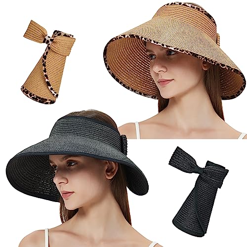 MAYLISACC Foldable Straw Sun Visors for Women, Sun Protecetion Wide Brim Sun Hats Adjustable Topless Beach Hat - color: Blcak+leopard Trim