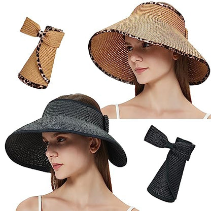 MAYLISACC Foldable Straw Sun Visors for Women, Sun Protecetion Wide Brim Sun Hats Adjustable Topless Beach Hat - color: Blcak+leopard Trim