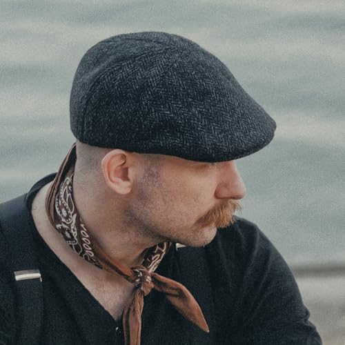 Sterkowski Ivy Five | Harris Tweed Flat Cap for Men and Women | Classic Elegant Warm 5 Panels Ivy - color: Black/Anthracite Herringbone, size: 7 1/8